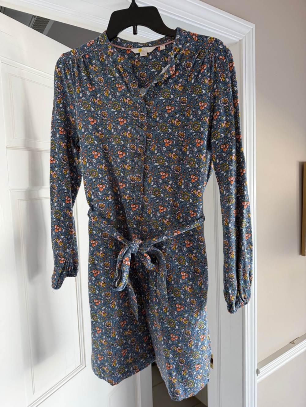 Boden Blue Floral Long-Sleeve Tie-Waist Dress
